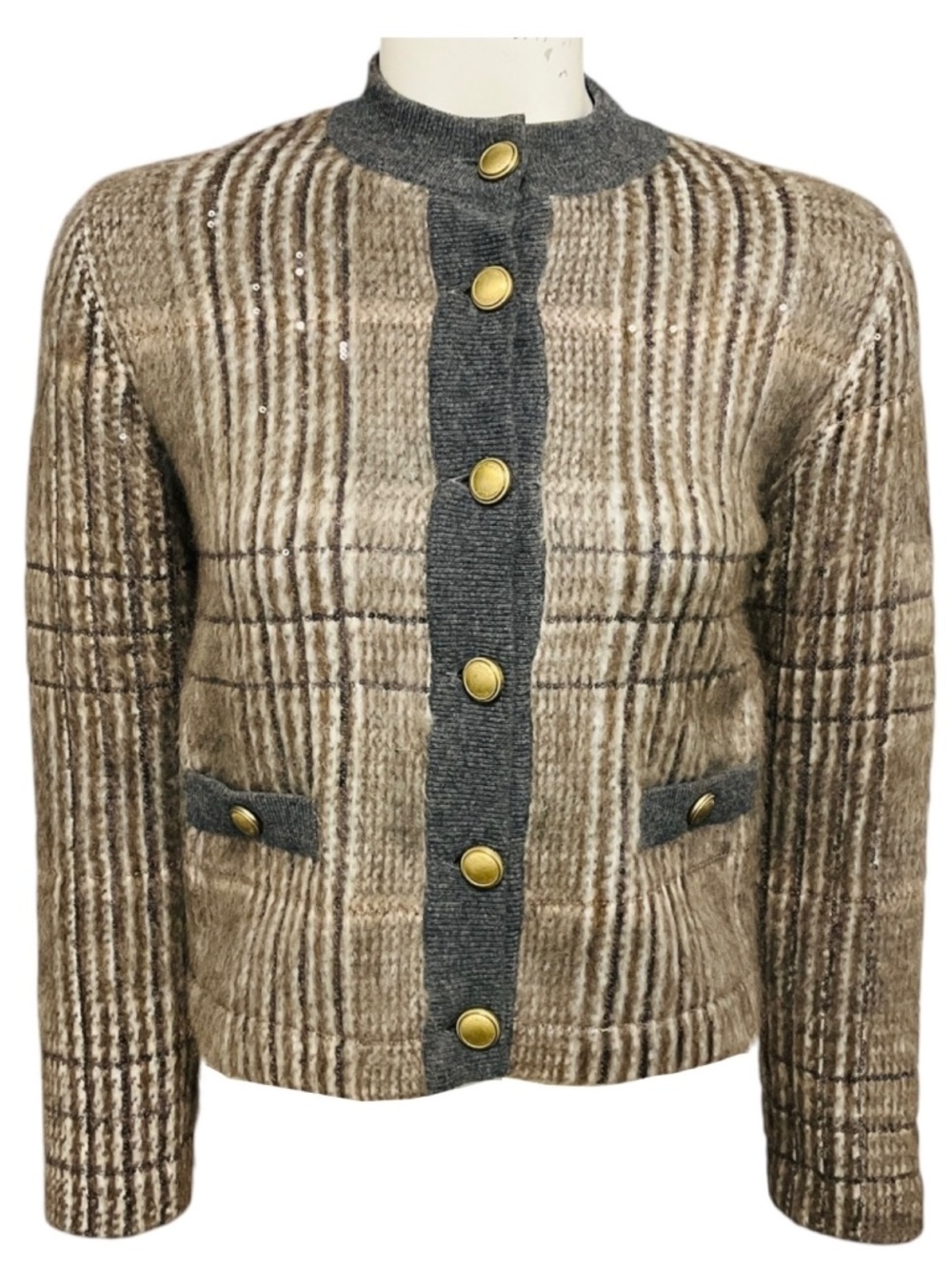 BRUNELLO CUCINELLI TAUPE / GREY SEQUINED CASHMERE KNIT CARDIGAN SWEATER